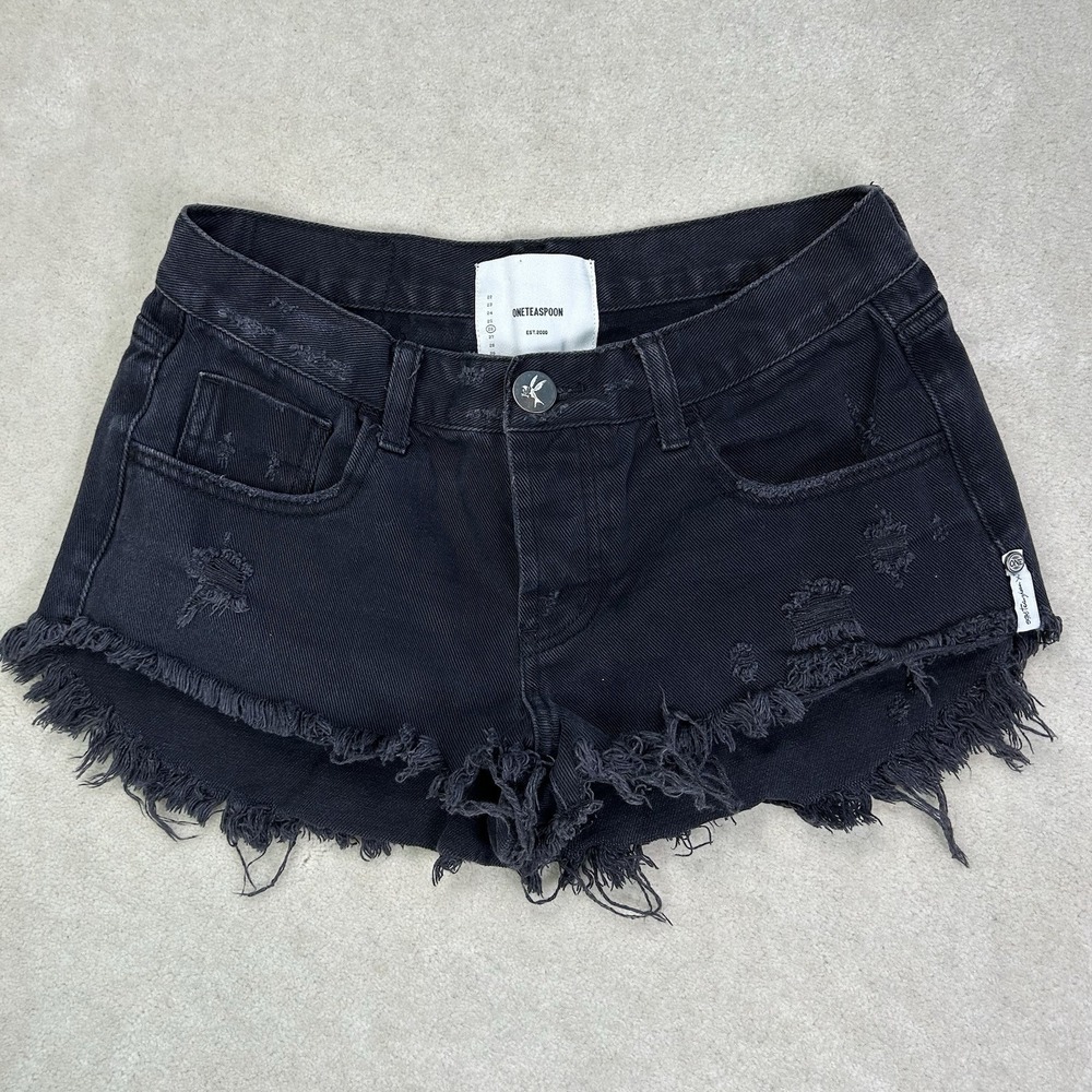 One Teaspoon Distressed Black Denim Shorts Women's 26 Frayed Hem Cutoff Low Rise